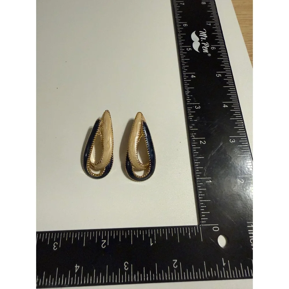 Vintage Navy Blue Cream Enamel Gold Tone Double Teardrop Dangle Post Earrings